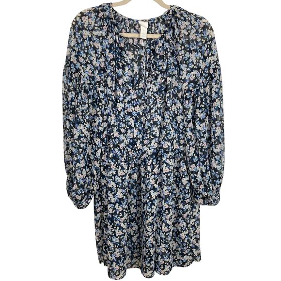 H&M Womens S Oversized Black Ditsy Floral Sheer Chiffon Dress Cottage Milkmaid - Picture 1 of 11